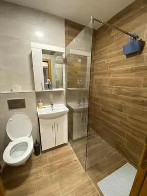 a bathroom with a toilet and a sink and a shower at Apartman Sky view - Sokobanja in Soko Banja