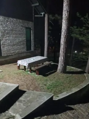 a picnic table and bench in a park at night at Apartmani Jelena in Vrnjačka Banja