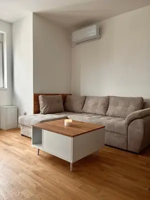 a living room with a couch and a coffee table at Tina Apartman Sokobanja in Soko Banja