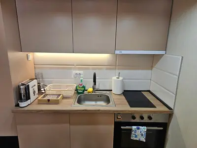 a small kitchen with a sink and a counter at PREMIUM APARTMAN ELENI ROOMS,oaza mira i tisine u centru Vrnjacke banje in Vrnjačka Banja