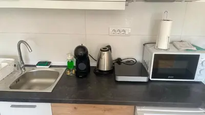 a kitchen counter with a sink and a microwave at Riverside Nis in Niš