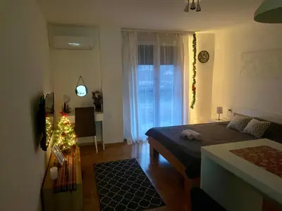 a room with a bed and a christmas tree in it at Riverside Nis in Niš