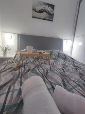 a bed with a tray on it with a table on it at Apartman PINA Vrnjacka Banja in Vrnjačka Banja