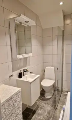 a white bathroom with a toilet and a sink at Apartment F.R.I.E.N.D.S in Paraćin