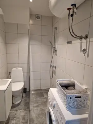 a bathroom with a washing machine and a toilet at Apartment F.R.I.E.N.D.S in Paraćin
