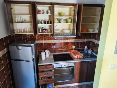 a small kitchen with wooden cabinets and a refrigerator at Apartman Leone Vrnjačka Banja in Vrnjačka Banja