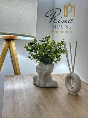 a white vase with a plant in it on a table at Princ house in Leskovac
