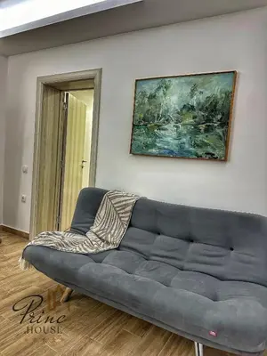 a couch in a living room with a painting on the wall at Princ house in Leskovac