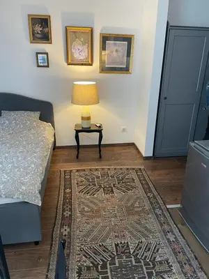 a bedroom with a bed and a table with a lamp at Vrnjacka Renesansa Promenada in Vrnjačka Banja