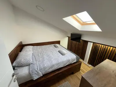 a bedroom with a bed and a skylight at LiboroApartments in Niš
