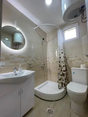 a bathroom with a sink and a toilet and a shower at Apartmani Videnovic Sokobanja in Soko Banja