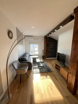 a living room with a couch and a television at LiboroApartments in Niš
