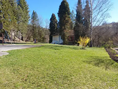 a grassy yard with a house in the background at Smeštaj Gokčanica in Gokčanica
