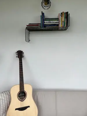 a guitar hanging on a wall next to a shelf at Villa Buena in Despotovac