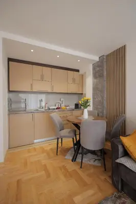 a kitchen and dining room with a table and chairs at Apartman Zivic in Vrnjci