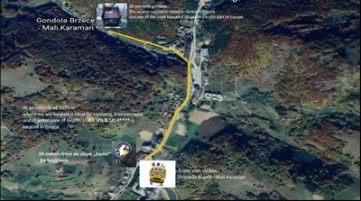a map of a road with a yellow line at APARTMENTS FOKA & SPA - 600m from Gondola ski lift in Kopaonik