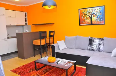 a living room with a couch and a table at APARTMENTS FOKA & SPA - 600m from Gondola ski lift in Kopaonik