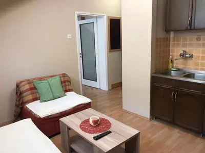 a small living room with a table and a chair at Apartman Spasic in Ribarska Banja
