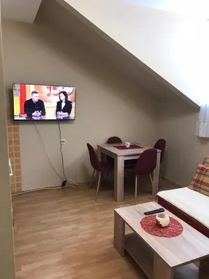 a living room with a couch and a tv on the wall at Apartman Spasic in Ribarska Banja