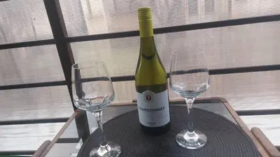 a bottle of wine and two glasses on a table at Nena Studio in Jagodina