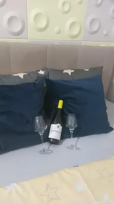a bottle of wine and two wine glasses on a bed at Nena Studio in Jagodina