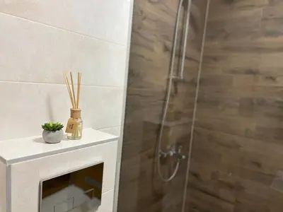 a shower with a glass door in a bathroom at Prirodni Raj-Udoban Sokobanja Apartman in Soko Banja