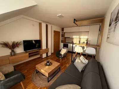 a living room with a couch and a table at Prirodni Raj-Udoban Sokobanja Apartman in Soko Banja