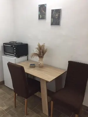 a wooden table with two chairs and a microwave at Apartmani Nikola Dojkinci in Pirot
