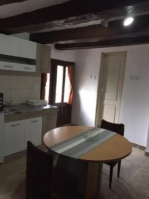 a kitchen with a table and chairs in a room at Apartmani Nikola Dojkinci in Pirot