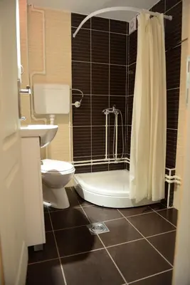 a bathroom with a toilet and a shower and a sink at Apartments Villa Stars in Kopaonik