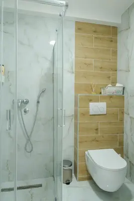 a bathroom with a toilet and a glass shower at Apartmani Central 14 & Free parking garage in Vrnjačka Banja