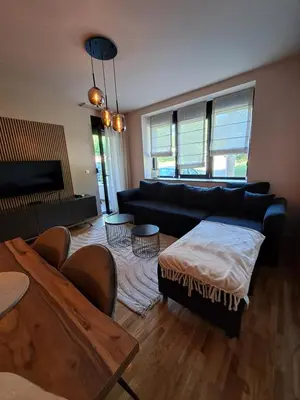 a living room with a black couch and a table at Hakuna Matata in Vrnjačka Banja