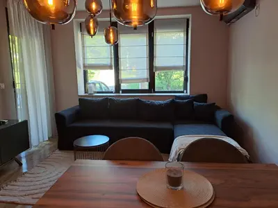 a living room with a couch and a table at Hakuna Matata in Vrnjačka Banja