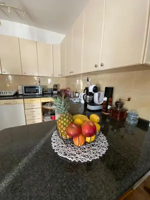 a bowl of fruit on a counter in a kitchen at Vila Nada Apartment in Vrnjacka Banja in Vrnjačka Banja