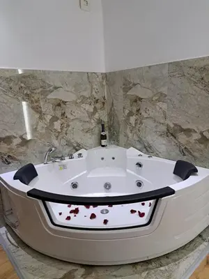 a white bath tub in a bathroom with a stone wall at Aqua Apartments 1 in Jagodina