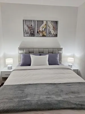 a bedroom with a large bed with two night stands at Apartman WIN Sokobanja in Soko Banja