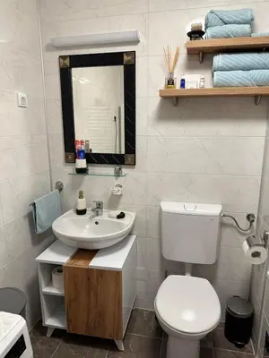a bathroom with a white toilet and a sink at Violet deluxe in Niš