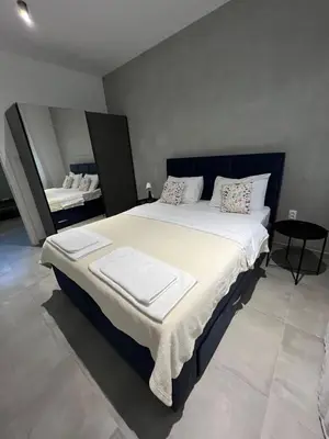a bedroom with a large bed and a mirror at Mint House in Niš