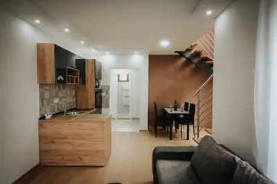a kitchen and living room with a couch and a table at Vila-L&M- Royal in Lipova