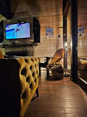 a living room with a couch and a television at Ski & Spa Bungalows in Kopaonik