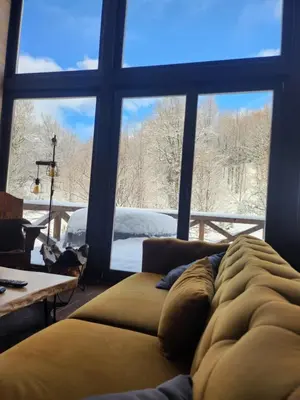 a couch in a living room with a large window at Ski & Spa Bungalows in Kopaonik