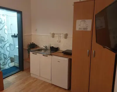 a kitchen with a sink and a counter top at Studio Janko in Vrnjačka Banja