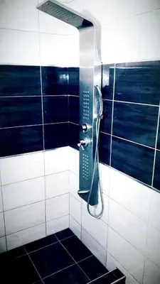 a shower in a bathroom with blue and white tiles at Lux aprtman in Leskovac