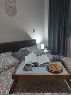 a coffee table with a book and a cup and cookies on a bed at Apartman La Viva Sokobanja in Soko Banja