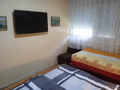 a bedroom with two beds and a flat screen tv at LUX Apartman in Leskovac