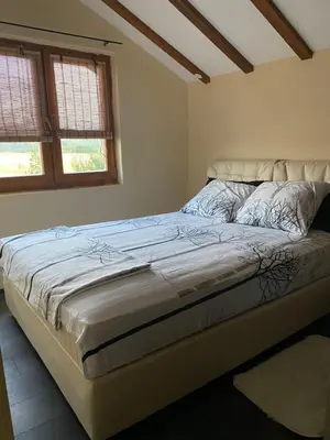 a large bed in a bedroom with two windows at s t d -PARADISO- in Vranje