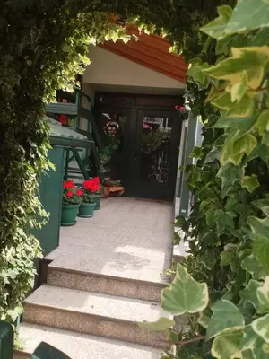 an entrance to a house with a door with plants at Apartmani Milanović Jagodina in Jagodina