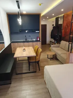 a living room with a table and a couch at Residence hill Studio Rocco in Kopaonik