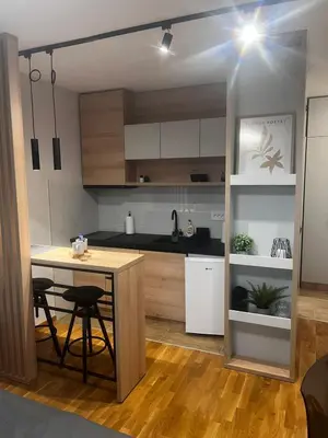 a kitchen with a counter and a table in a room at Studio Vera in Kruševac