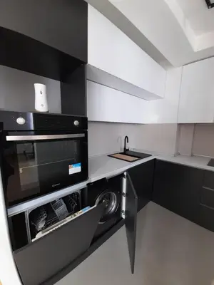 a kitchen with black and white appliances and a sink at Apartman Petra in Niš